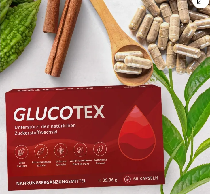 Glucotex Packung mit Kapseln und ausgewählten pflanzlichen Zutaten